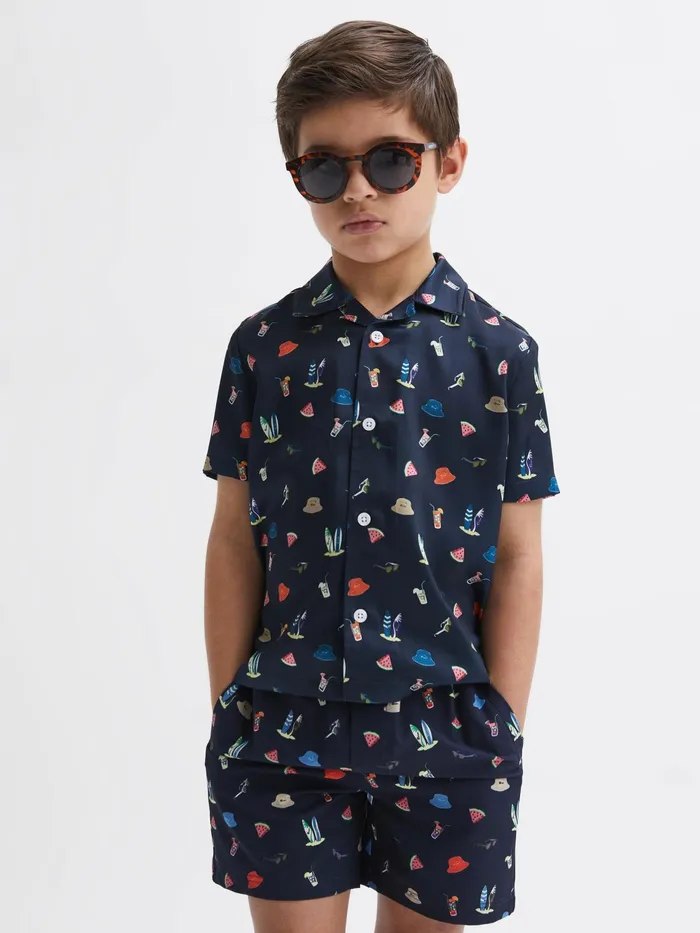 Reiss Shirts Archer Beach Print Cuban Collar Shirt Navy 8211 Children