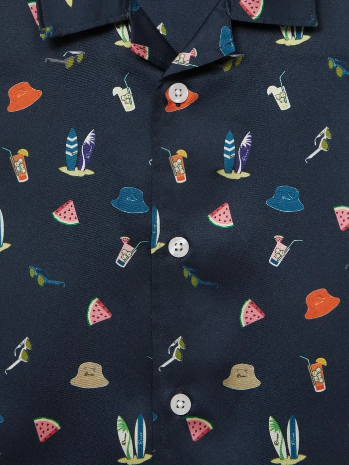 Reiss Shirts Archer Beach Print Cuban Collar Shirt Navy 8211 Children