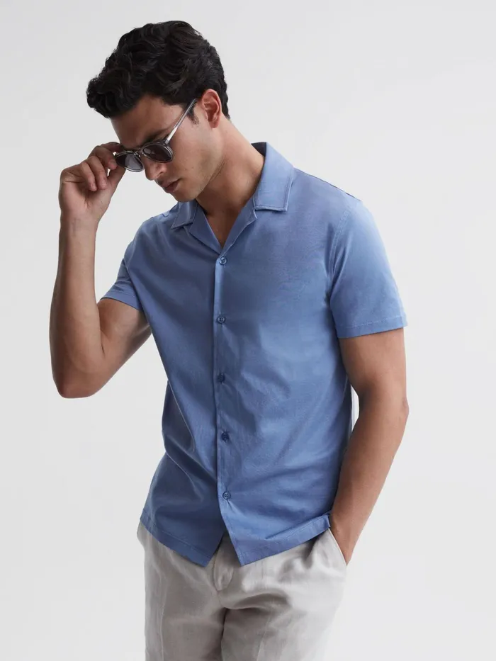Reiss Shirts Caspa Mercerised Jersey Cuban Collar Shirt Sea Blue 8211 Men