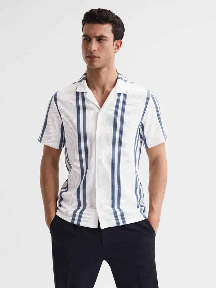 Reiss Shirts Castle Slim Fit Ribbed Cuban Collar Shirt Whiteair Force Blue 8211 Men