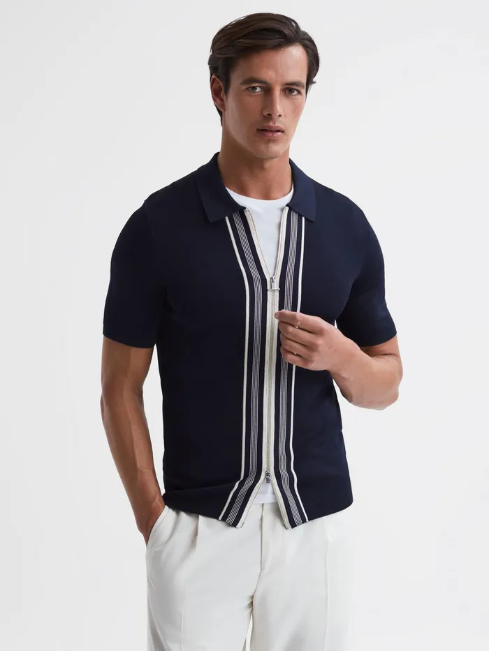 Reiss Shirts Castleton Zip Front Striped Polo Shirt Navy 8211 Men
