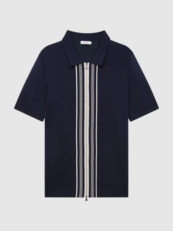 Reiss Shirts Castleton Zip Front Striped Polo Shirt Navy 8211 Men