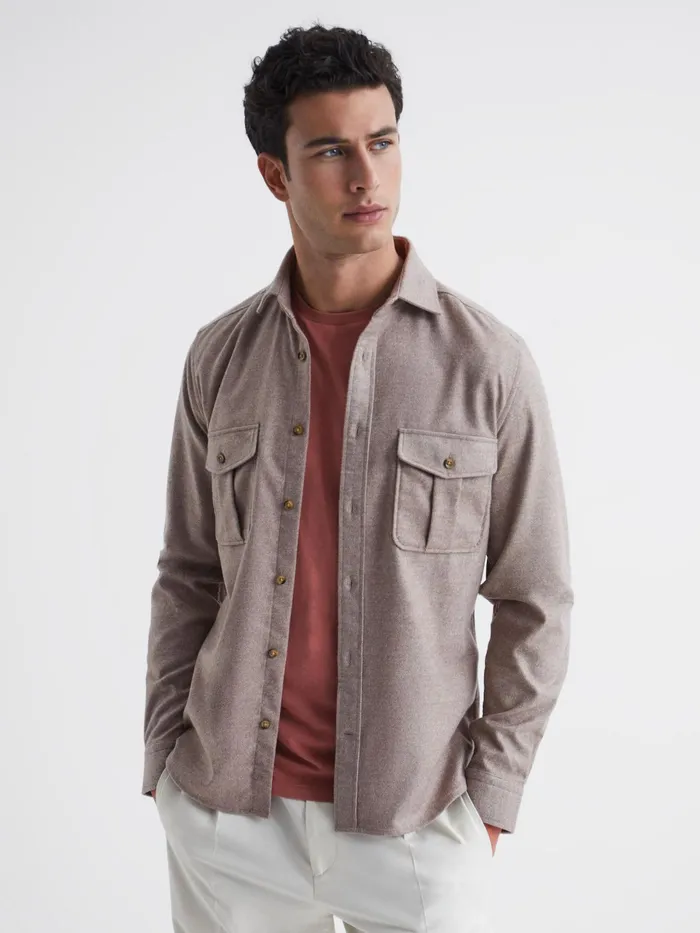 Reiss Shirts Chase Brushed Twin Pocket Overshirt Oatmeal 8211 Men