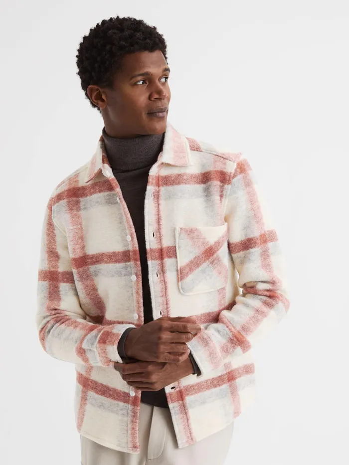 Reiss Shirts Clay Brushed Checked Overshirt Rustecru 8211 Men