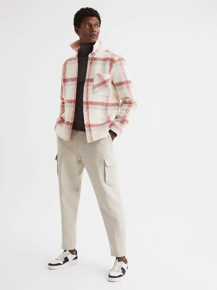 Reiss Shirts Clay Brushed Checked Overshirt Rustecru 8211 Men