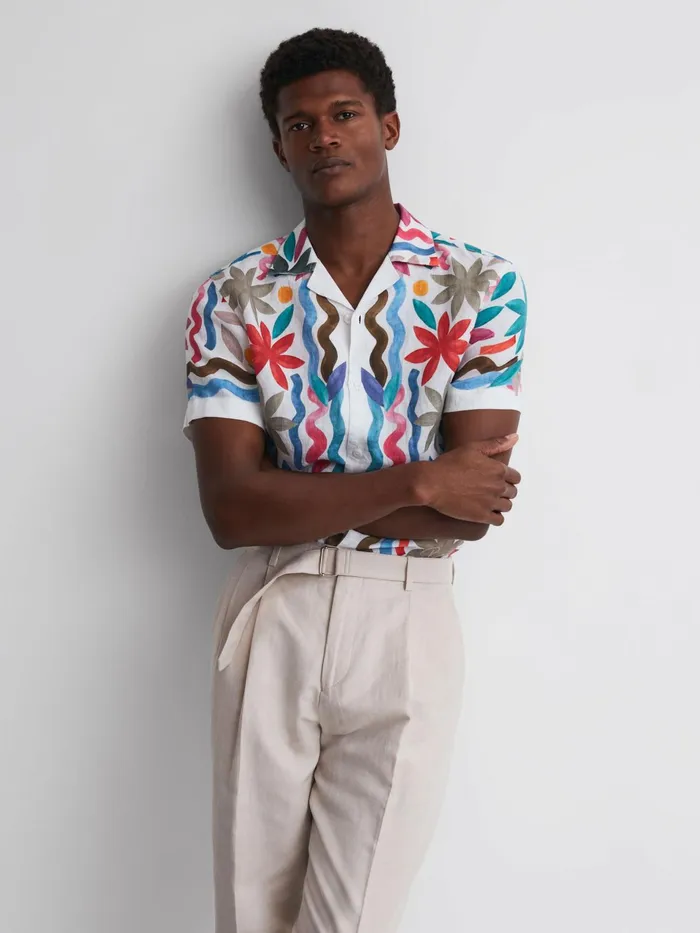 Reiss Shirts Delphi Linen Floral Cuban Collar Shirt Black Multi 8211 Men