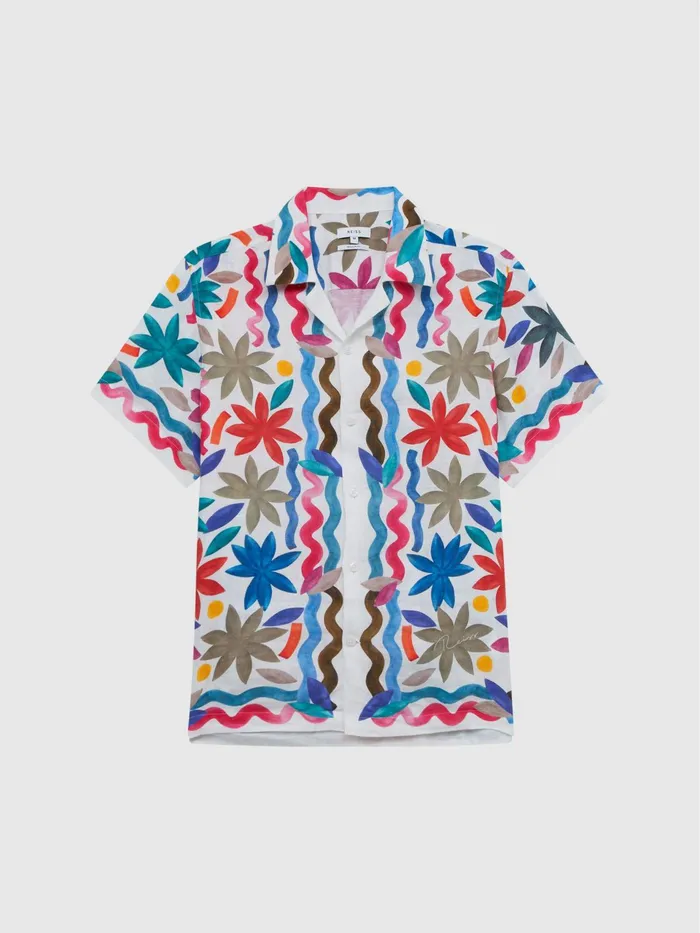 Reiss Shirts Delphi Linen Floral Cuban Collar Shirt Black Multi 8211 Men