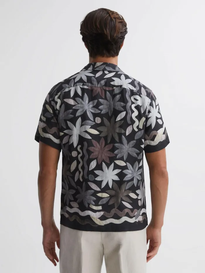Reiss Shirts Delphi Linen Floral Cuban Collar Shirt Black Multi 8211 Men