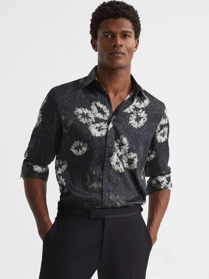 Reiss Shirts Evie Floral Print Long Sleeve Shirt Blackwhite 8211 Men
