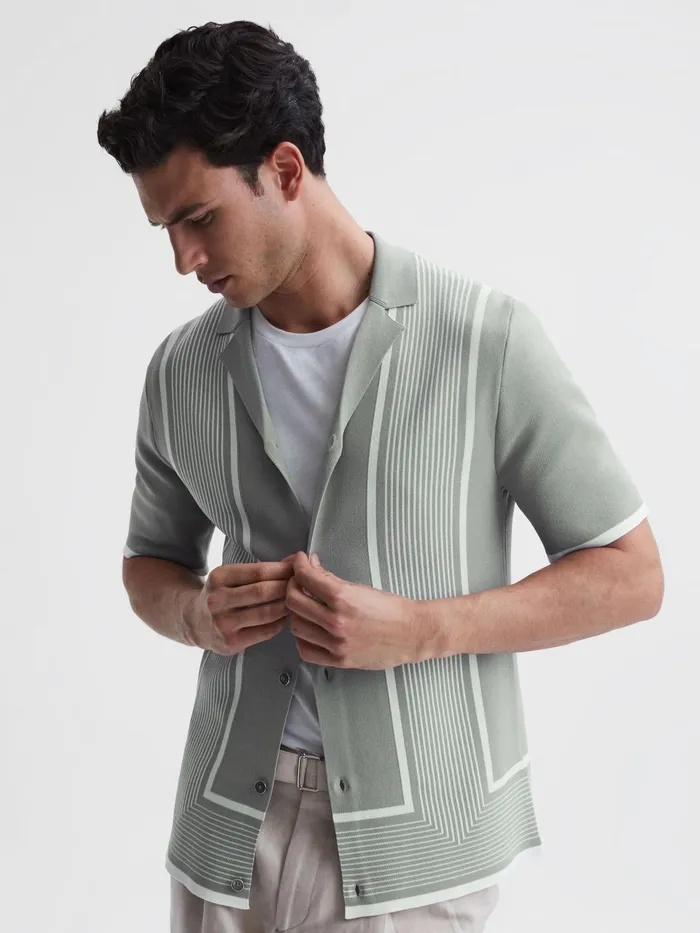 Reiss Shirts Heath Striped Cuban Collar Shirt Sagewhite 8211 Men