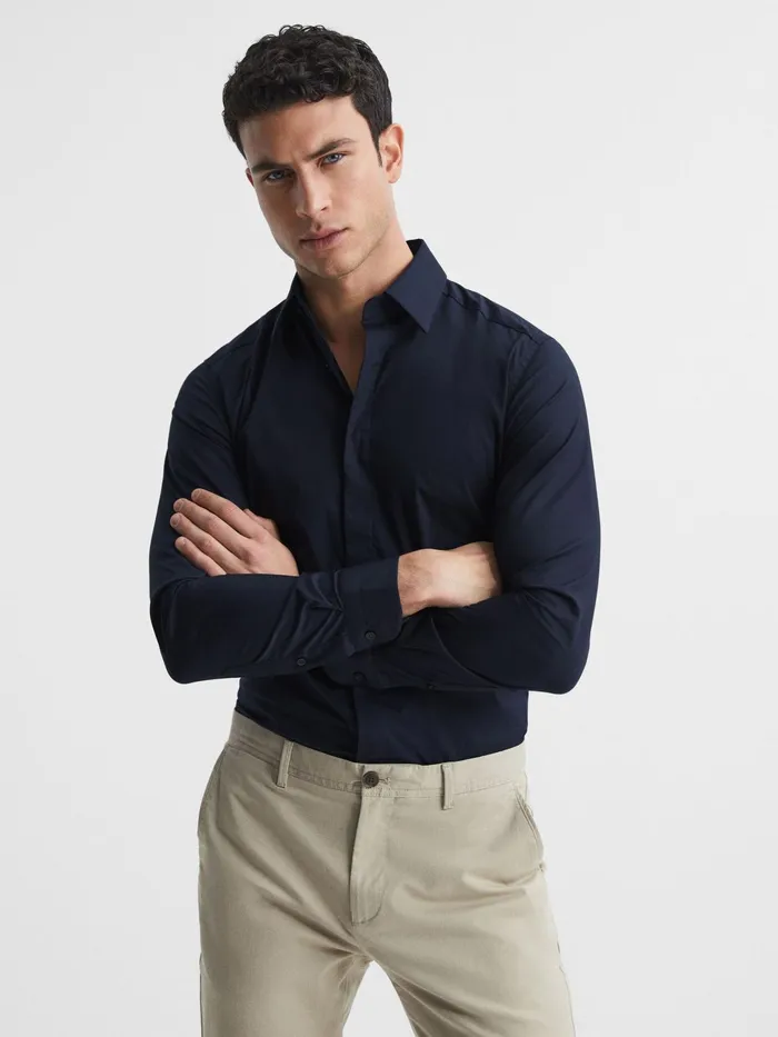 Reiss Shirts Kiana Cotton Stretch Poplin Slim Fit Shirt Navy 8211 Men