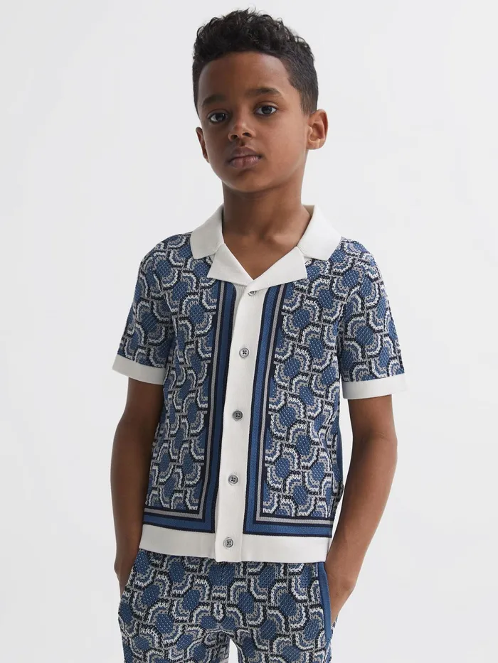 Reiss Shirts Lotus Knitted Cuban Collar Shirt Blue Print 8211 Children