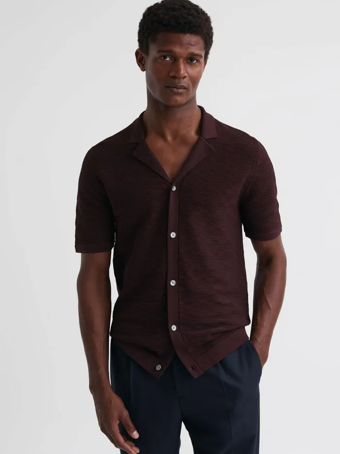 Reiss Shirts Lunar Textured Cuban Collar ButtonThrough Shirt Black 8211 Men