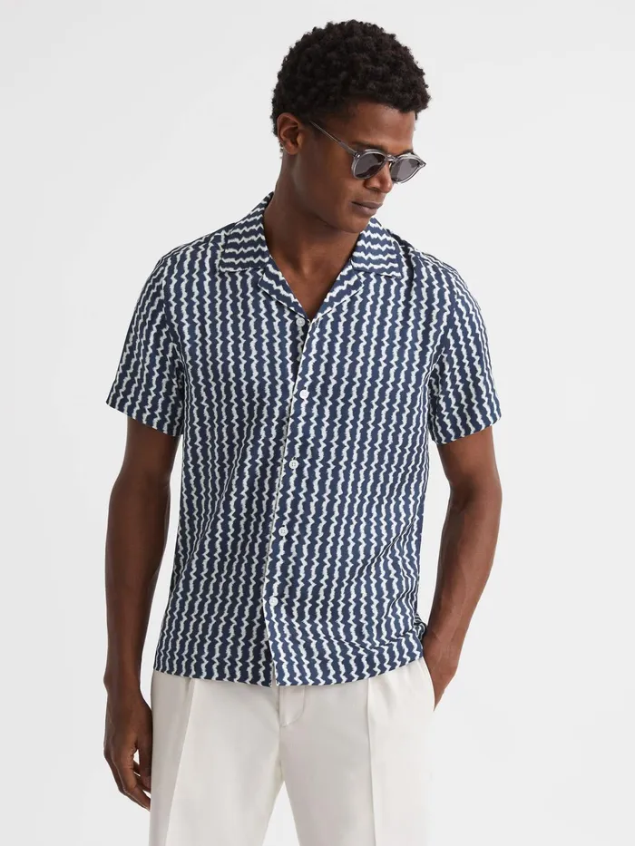 Reiss Shirts Mayday Slim Fit Cuban Collar Printed Shirt Navy 8211 Men