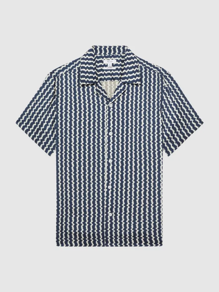 Reiss Shirts Mayday Slim Fit Cuban Collar Printed Shirt Navy 8211 Men
