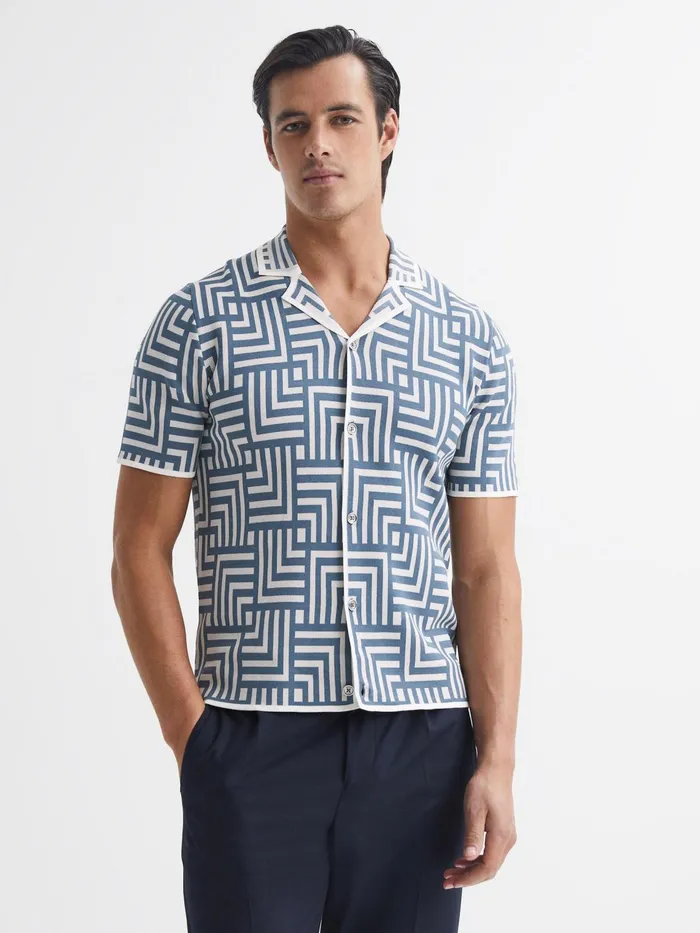 Reiss Shirts Milo Abstract Printed Cuban Collar Shirt Airforce Blue 8211 Men