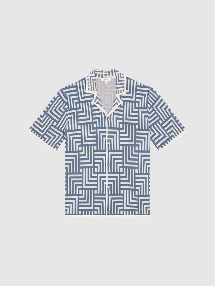 Reiss Shirts Milo Abstract Printed Cuban Collar Shirt Airforce Blue 8211 Men