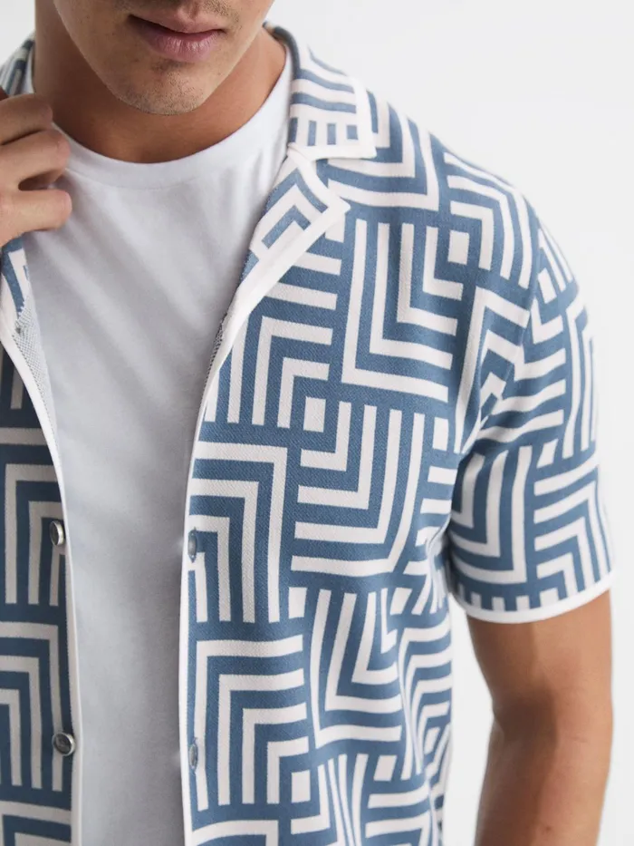 Reiss Shirts Milo Abstract Printed Cuban Collar Shirt Airforce Blue 8211 Men