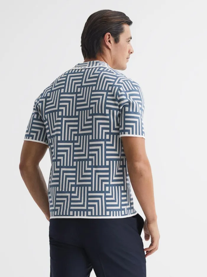 Reiss Shirts Milo Abstract Printed Cuban Collar Shirt Airforce Blue 8211 Men