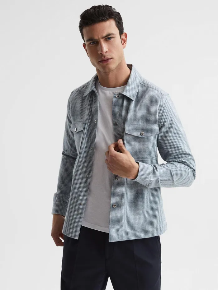 Reiss Shirts Mixon Long Sleeve Puppytooth Overshirt Bluewhite 8211 Men