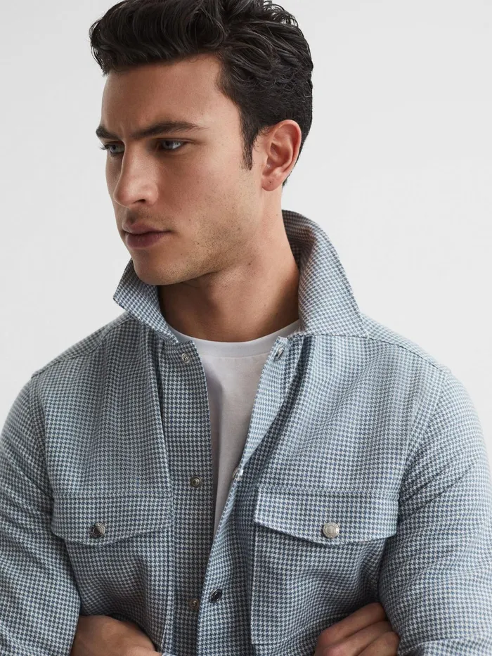 Reiss Shirts Mixon Long Sleeve Puppytooth Overshirt Bluewhite 8211 Men