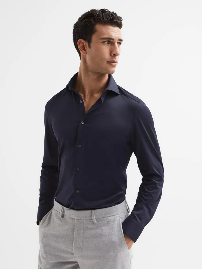 Reiss Shirts Nate Cutaway Collar Jersey Slim Fit Shirt Navy 8211 Men