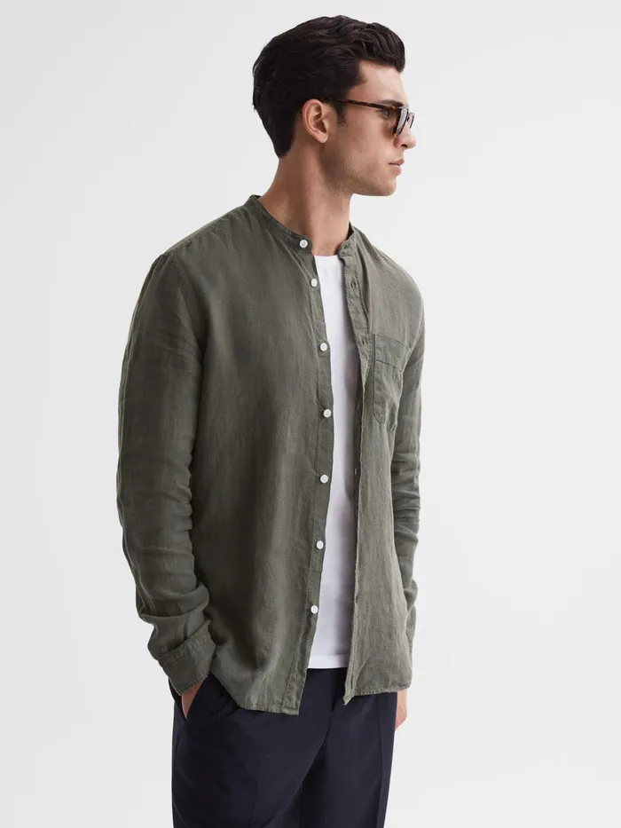 Reiss Shirts Ocean Linen Grandad Collar Shirt Olive 8211 Men