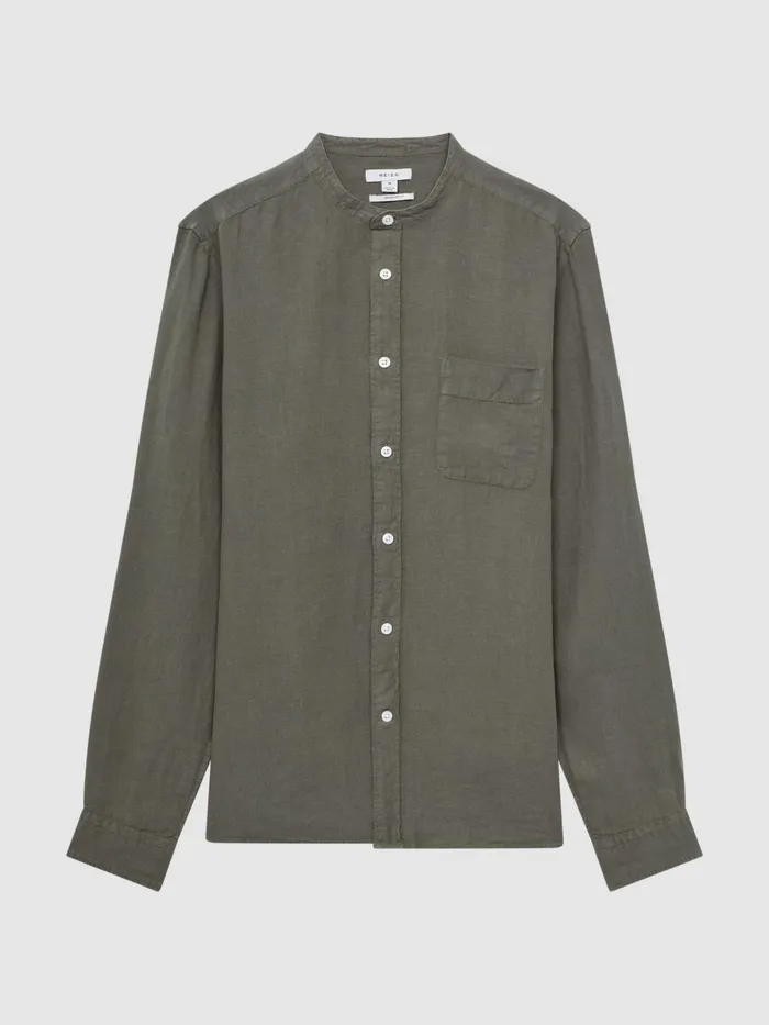 Reiss Shirts Ocean Linen Grandad Collar Shirt Olive 8211 Men