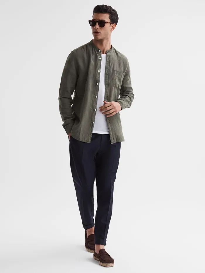 Reiss Shirts Ocean Linen Grandad Collar Shirt Olive 8211 Men