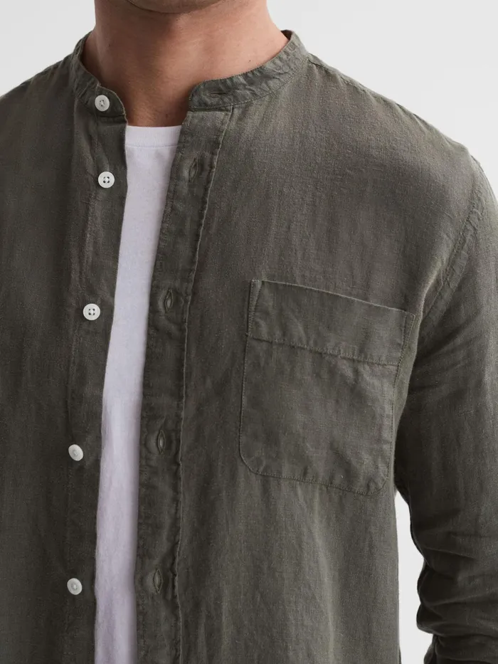 Reiss Shirts Ocean Linen Grandad Collar Shirt Olive 8211 Men