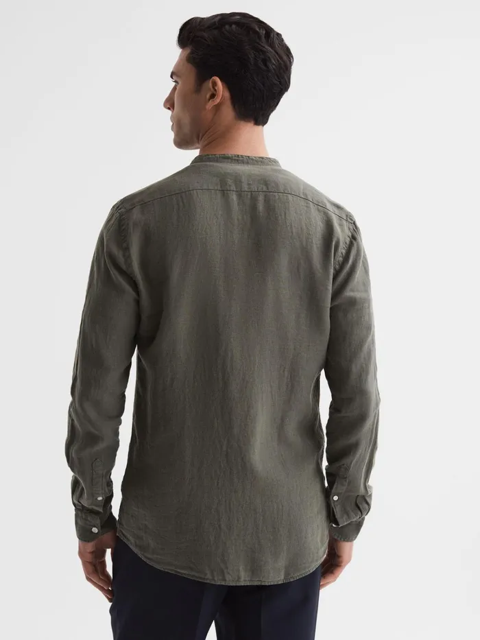 Reiss Shirts Ocean Linen Grandad Collar Shirt Olive 8211 Men