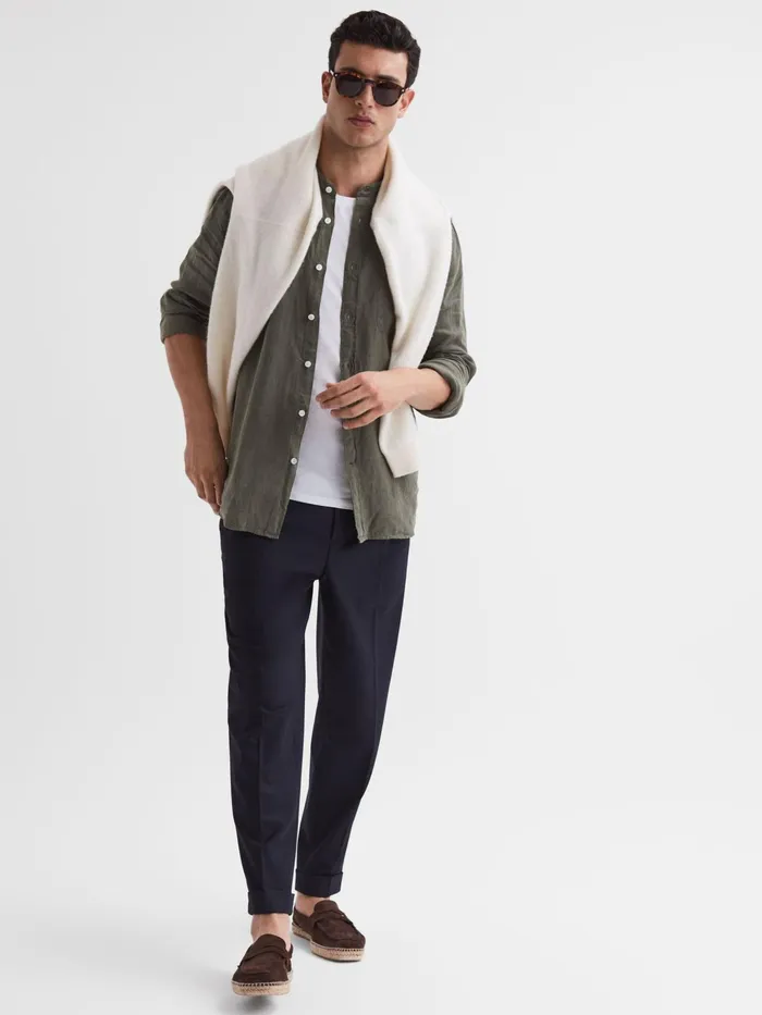 Reiss Shirts Ocean Linen Grandad Collar Shirt Olive 8211 Men