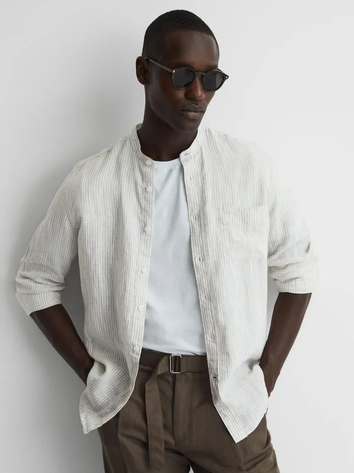 Reiss Shirts Ocean Slim Fit Linen Grandad Collar Shirt Oatmealwhite 8211 Men