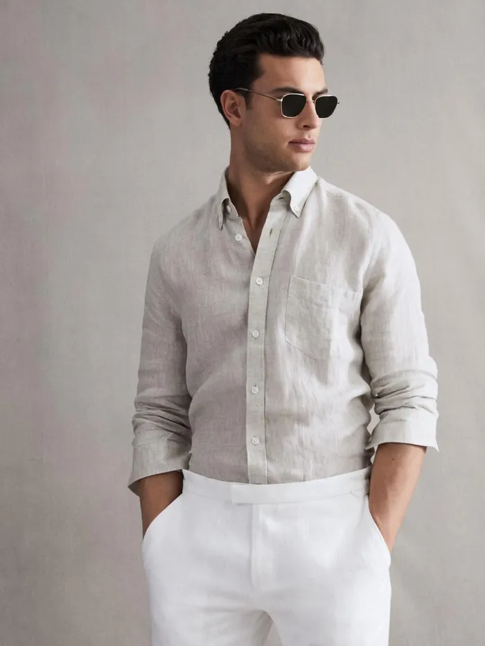 Reiss Shirts Queens Slim Fit Linen Oxford Shirt Stone Melange 8211 Men