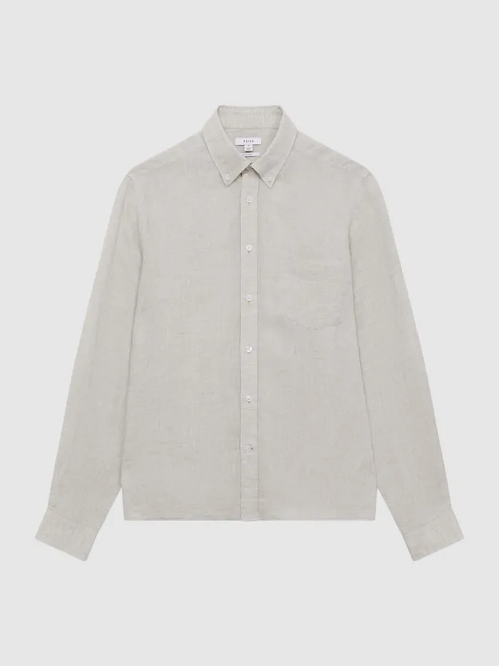Reiss Shirts Queens Slim Fit Linen Oxford Shirt Stone Melange 8211 Men