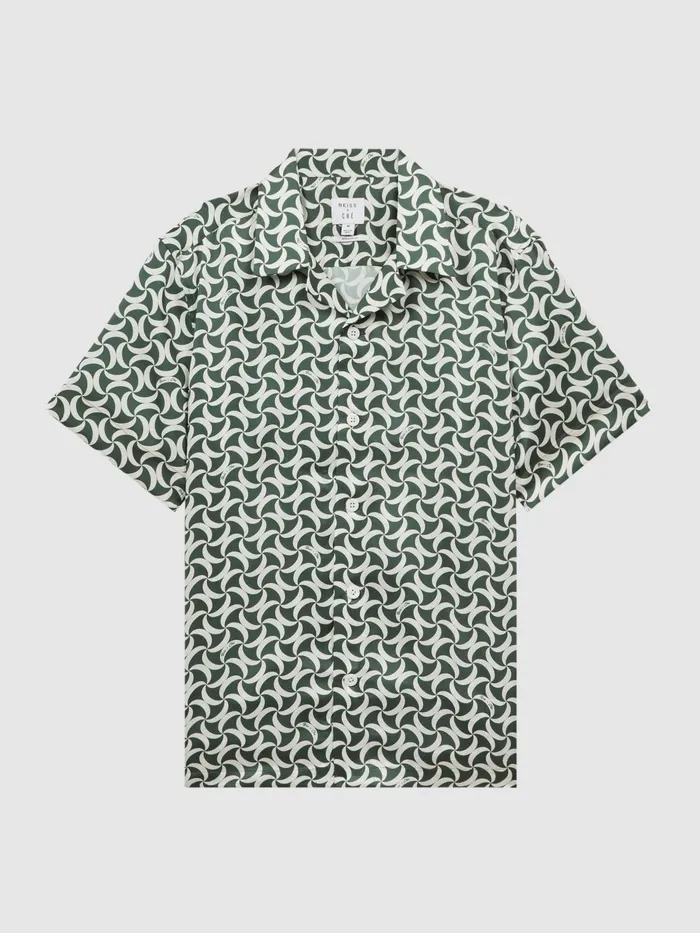 Reiss Shirts Raith Reiss Ch Printed Cuban Collar ButtonThrough Shirt Greenwhite 8211 Men