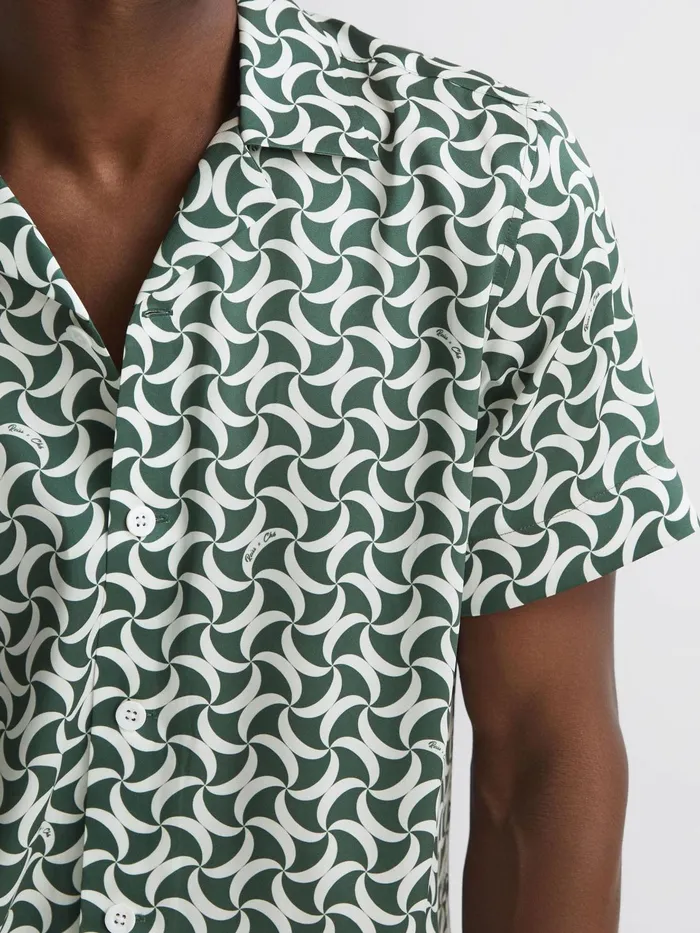 Reiss Shirts Raith Reiss Ch Printed Cuban Collar ButtonThrough Shirt Greenwhite 8211 Men