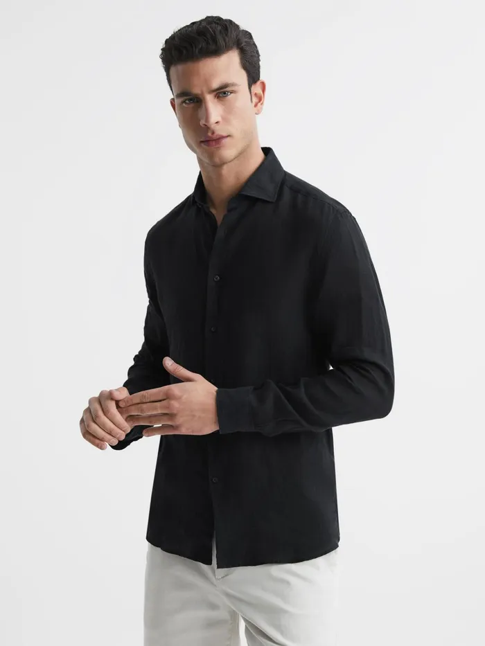Reiss Shirts Ruban Linen Long Sleeve Shirt Black 8211 Men