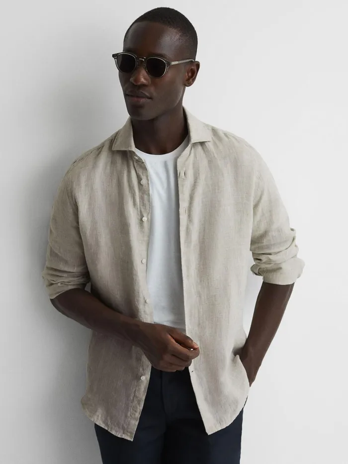 Reiss Shirts Ruban Linen Regular Fit Shirt Stone Melange 8211 Men