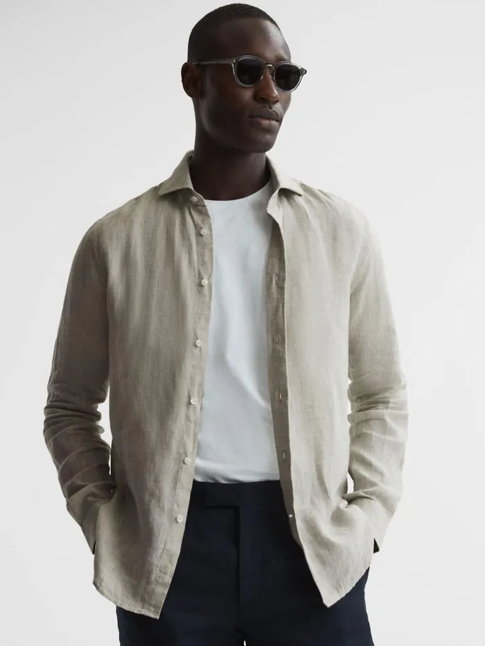 Reiss Shirts Ruban Linen Regular Fit Shirt Stone Melange 8211 Men