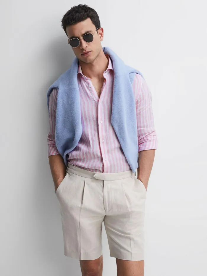 Reiss Shirts Ruban Slim Fit Linen Shirt Soft Pink Herringbone Stripe 8211 Men