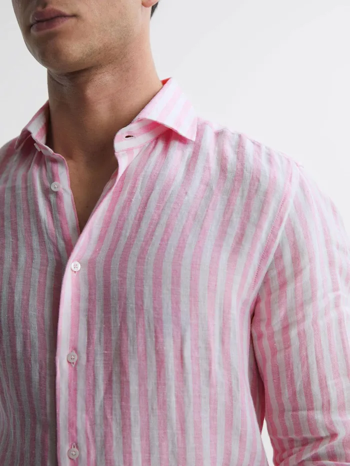 Reiss Shirts Ruban Slim Fit Linen Shirt Soft Pink Herringbone Stripe 8211 Men