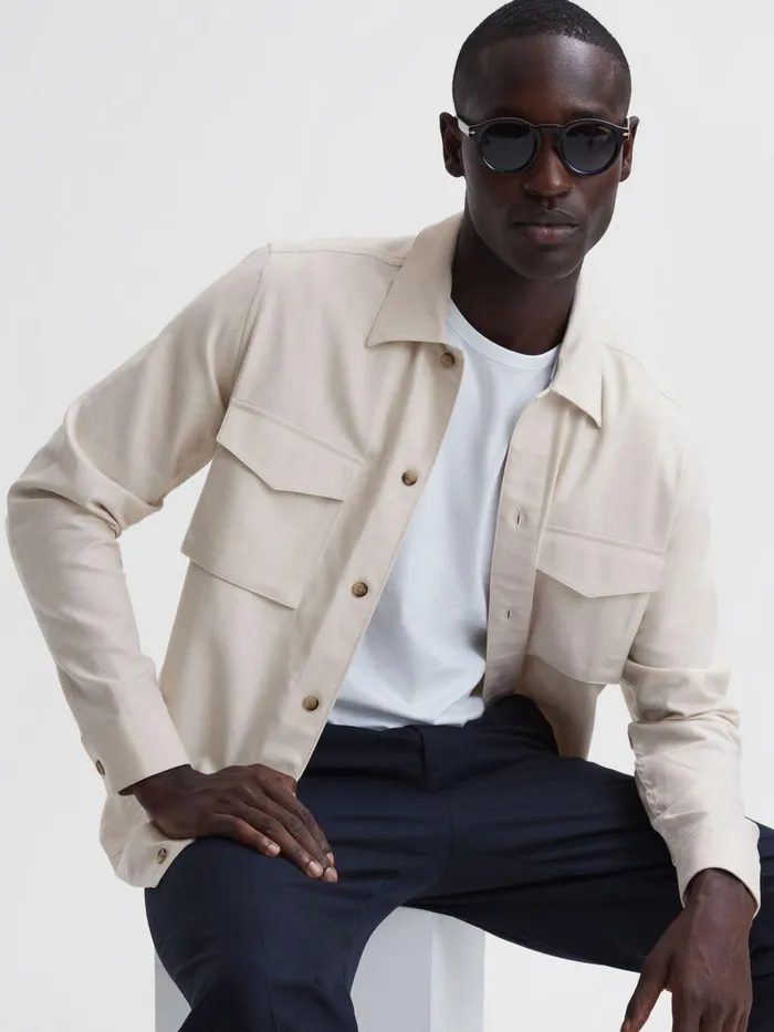 Reiss Shirts Santy CottonLinen Long Sleeve Overshirt Ecru 8211 Men
