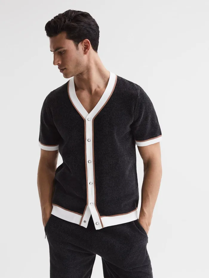 Reiss Shirts Striker Chenille Press Stud VNeck Shirt Black 8211 Men