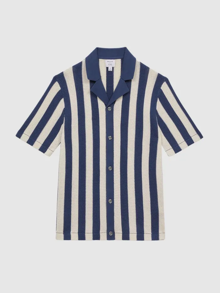 Reiss Shirts Tortolli Reiss Ch Crocheted Cuban Collar Button Through Shirt Airforce Blueecru 8211 Men