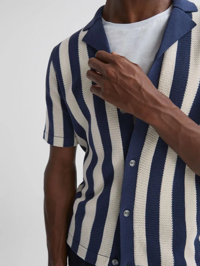 Reiss Shirts Tortolli Reiss Ch Crocheted Cuban Collar Button Through Shirt Airforce Blueecru 8211 Men