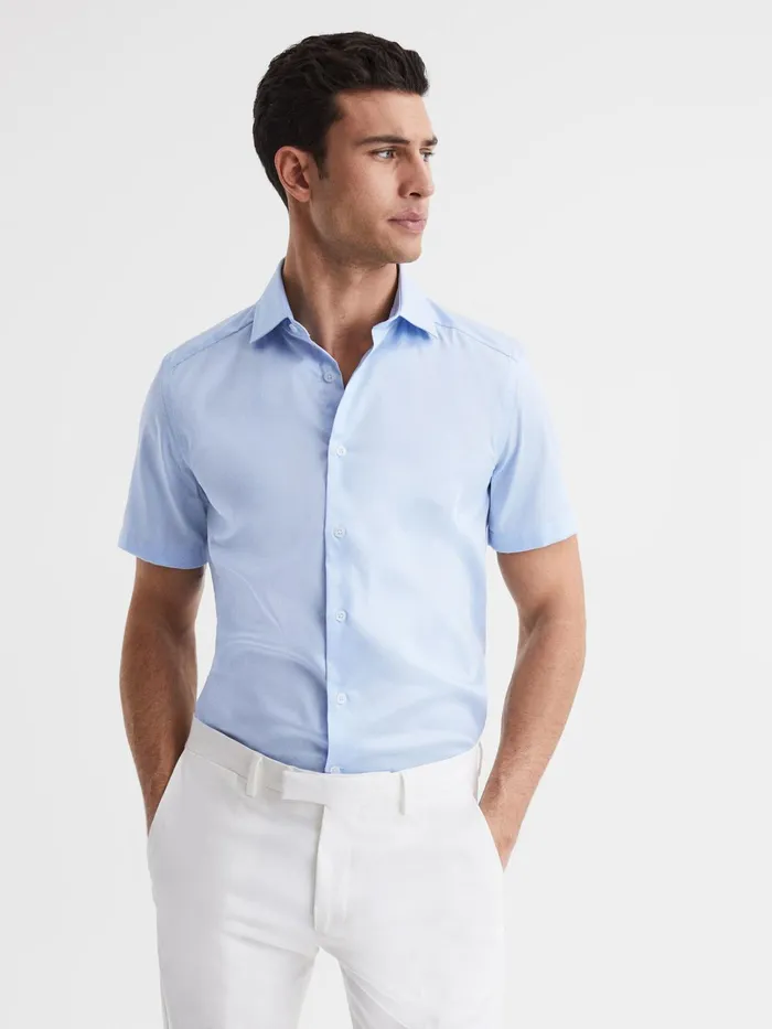 Reiss Shirts Tristan Slim Fit Cotton Satin Short Sleeve Shirt Soft Blue 8211 Men Reiss Shirts Tristan Slim Fit Cotton Satin Short Sleeve Shirt Soft Blue 8211 Men