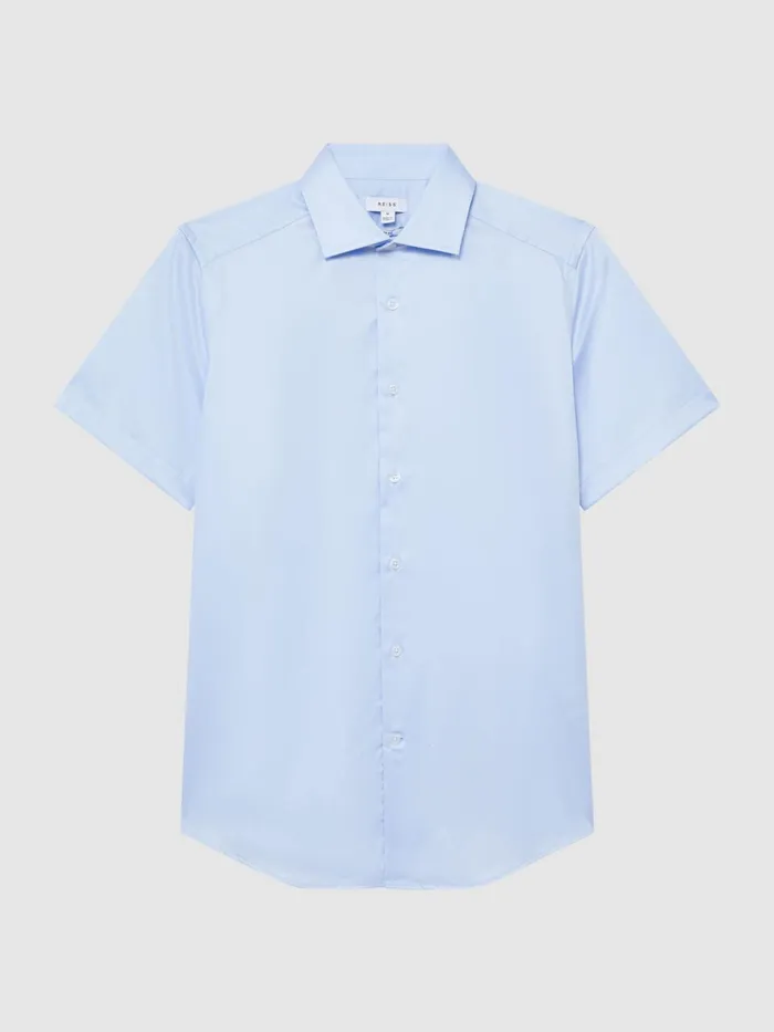 Reiss Shirts Tristan Slim Fit Cotton Satin Short Sleeve Shirt Soft Blue 8211 Men