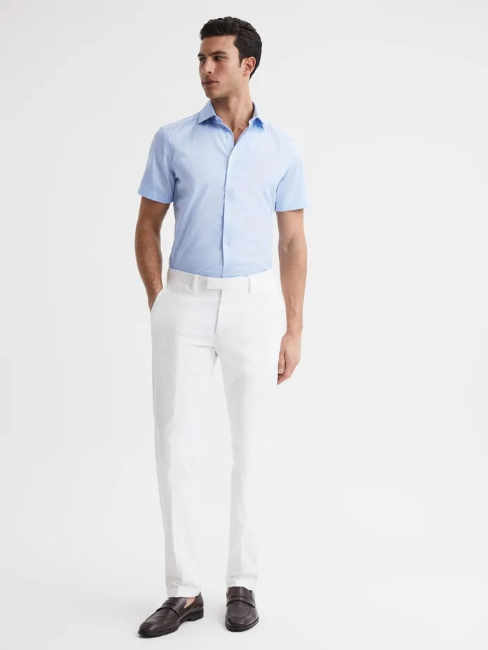 Reiss Shirts Tristan Slim Fit Cotton Satin Short Sleeve Shirt Soft Blue 8211 Men