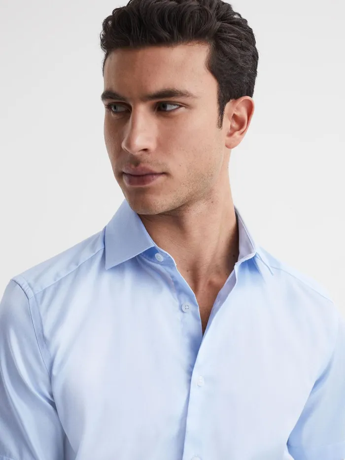 Reiss Shirts Tristan Slim Fit Cotton Satin Short Sleeve Shirt Soft Blue 8211 Men